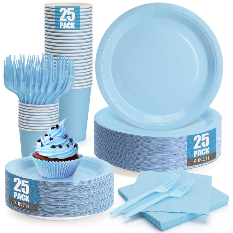 CENLBJ Light Blue Paper Plates and Napkins Party Supplies, Include 9Disposable Blue Plate, 7Dessert Plates Cups Napkins Forks for Baby Shower, Wedding, Birthday, Serves 25 - Image 1